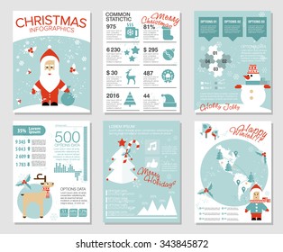 Collection of 6 Christmas cards. Infographics templates with Santa, deer, snowman, birds, Christmas tree, diagrams, map, icons. Flat vector illustration. Hipster cute modern style.