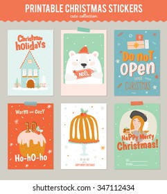 Collection of 6 Christmas gift tags and cards templates. Christmas beautiful cheerful posters set. Lovely winter invitations with cartoon and character style illustration.