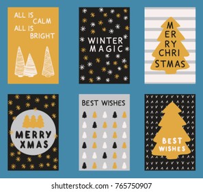 Collection of 6 Christmas greeting cards or New Year tags with hand drawn decorative elements and hand made lettering. Vector illustration