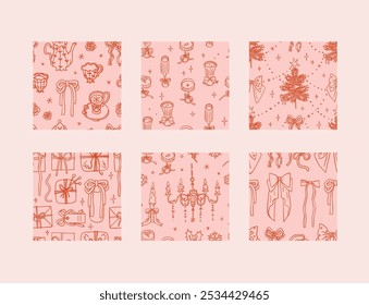 Collection of 6 Christmas seamless pattern, trendy coquette style. Girly winter background design. Bows, ribbons, festive decorative elements. Whimsical hand drawn illustrations wallpapers, vector set