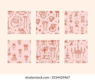 Collection of 6 Christmas seamless pattern, trendy coquette style. Girly winter background design. Bows, ribbons, festive decorative elements. Whimsical hand drawn illustrations wallpapers, vector set