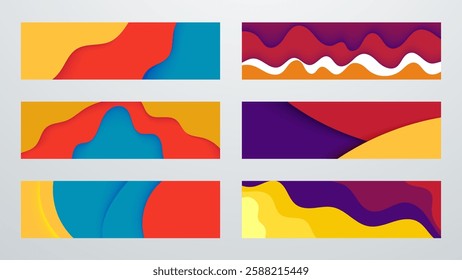 Collection of 6 colorful banner template. Abstract web banner design. Header, landing page web design elements.	
