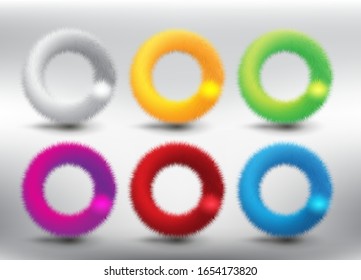 Collection of 6 colorful fluffy vector circles. Round furry frames. Realistic and isolated on the light panel. Vector illustration. Eps10.