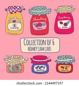 Collection of 6 colorful hand drawn jam and honey jars on pink background