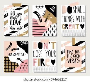 Collection of 6 creative poster with motivational quotes. Creative journaling cards. Hand Drawn textures made with ink.