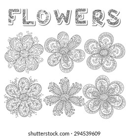 Collection of 6 cute abstract flowers. monochrome flowers.