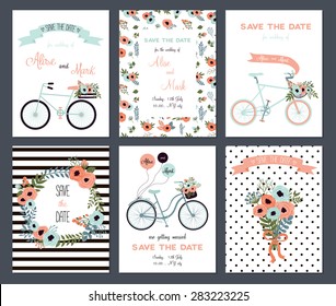 Collection of 6 cute card templates. Wedding, marriage, save the date, baby shower, bridal, birthday, Valentine's day. Stylish simple design. Vector illustration.