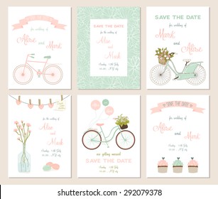 Collection of 6 cute card templates. Wedding, marriage, save the date, baby shower, bridal, birthday, Valentine's day. Stylish simple design. Vector illustration.