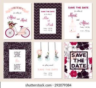 Collection of 6 cute card templates. Wedding, marriage, save the date, baby shower, bridal, birthday, Valentine's day. Stylish simple design. Vector illustration.