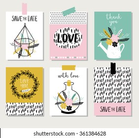 Collection of 6 cute card templates. Wedding, marriage, save the date, baby shower, bridal, birthday, Valentine's day. Stylish simple design. Vector illustration. Poster template.