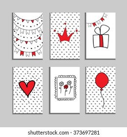 Collection of 6 cute card templates. Save the date, baby shower, bridal, birthday, Valentine's day. Stylish simple design. Vector illustration.