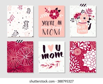 Collection of 6 cute card templates for Mothers Day.Stylish simple design with shabby texture. Stylish spring design. Vector illustration.