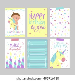 Collection of 6 cute card templates. Happy birthday party. Stylish simple design. Vector illustration. Poster template.