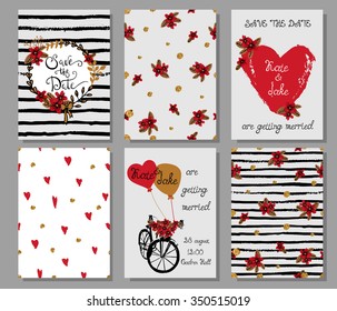 Collection of 6 cute hand drawn card templates. Save the date, baby shower, bridal, birthday, Valentine's day, wedding, marriage, romantic. Stylish seamless patterns and illustrations. Vector.
