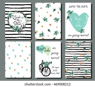 Collection of 6 cute hand drawn card templates. Save the date, baby shower, bridal, birthday, Valentine's day, wedding, marriage, romantic. Stylish seamless patterns and illustrations. Vector.
