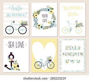 Collection of 6 cute hello summer card templates. Wedding, marriage, save the date, baby shower, bridal, birthday, Valentine's day. Stylish simple design. Vector illustration.