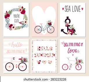 Collection of 6 cute hello summer card templates. Wedding, marriage, save the date, baby shower, bridal, birthday, Valentine's day. Stylish simple design. Vector illustration.