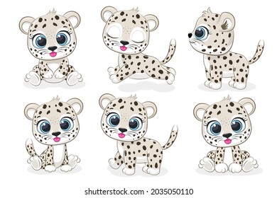 Una colección de 6 lindos leopardos. Gráficos de dibujos animados vectores.