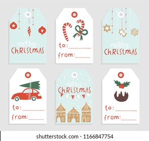 Collection Of 6 Cute Merry Christmas And Happy New Year Ready-to-use Gift Tags. Set Of Printable Hand Drawn Holiday Label Templates. Vector Collection