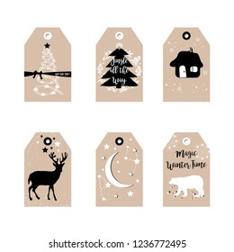 Collection of 6 cute Merry Christmas and Happy New Year gift tags on craft background