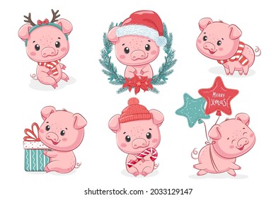 A collection of 6 cute piglets for the New Year and Christmas. Vector cartoon illustration.