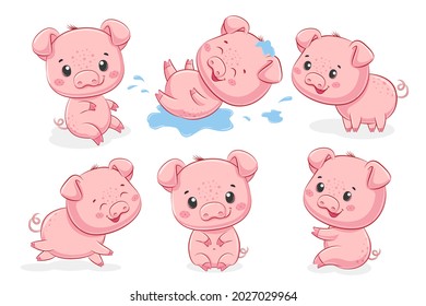 A collection of 6 cute piglets. Vector illustration of a cartoon.