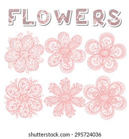 Collection of 6 cute pink abstract flowers.