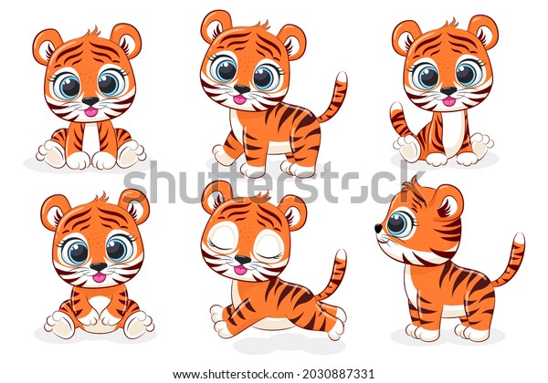 A collection of 6 cute tiger cubs. Vector\
cartoon graphics.