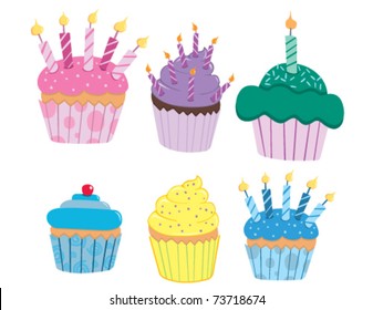 A collection of 6 cute vector cupcakes