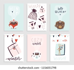 Collection of 6 cute winter ready-to-use gift cards. Set of six printable hand drawn holiday posters templates. Vector seasonal postcard design.