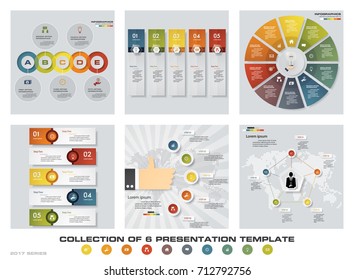 Collection of 6 design colorful presentation templates. EPS10. Set of infographics design vector and business icons.