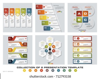 Collection of 6 design colorful presentation templates. EPS10. Set of infographics design vector and business icons.