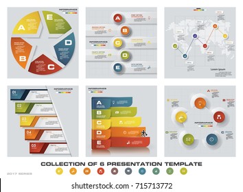 Collection of 6 design colorful presentation templates. EPS10. Set of infographics design vector and business icons.
