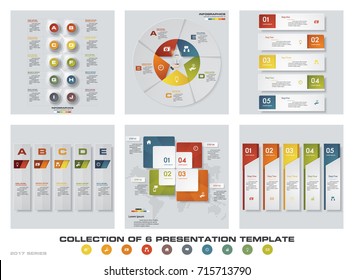 Collection of 6 design colorful presentation templates. EPS10. Set of infographics design vector and business icons.