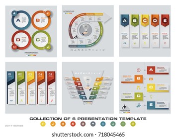 Collection of 6 design colorful presentation templates. EPS10. Set of infographics design vector and business icons.