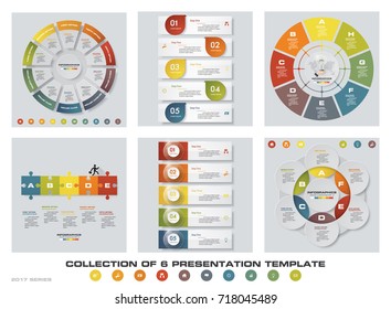 Collection of 6 design colorful presentation templates. EPS10. Set of infographics design vector and business icons.