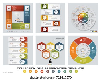 Collection of 6 design colorful presentation templates. EPS10. Set of infographics design vector and business icons.