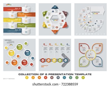 Collection of 6 design colorful presentation templates. EPS10. Set of infographics design vector and business icons.