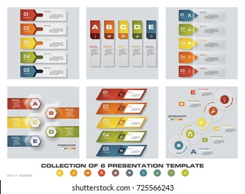 Collection of 6 design colorful presentation templates. EPS10. Set of infographics design vector and business icons.