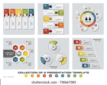 Collection of 6 design colorful presentation templates. EPS10. Set of infographics design vector and business icons.