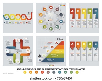 Collection of 6 design colorful presentation templates. EPS10. Set of infographics design vector and business icons.