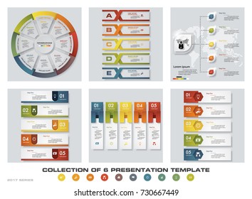 Collection of 6 design colorful presentation templates. EPS10. Set of infographics design vector and business icons.