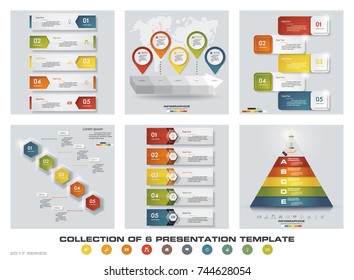 Collection of 6 design colorful presentation templates. EPS10. Set of infographics design vector and business icons.