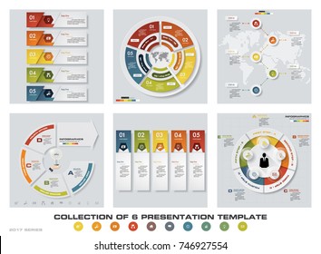Collection of 6 design colorful presentation templates. EPS10. Set of infographics design vector and business icons.