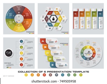 Collection of 6 design colorful presentation templates. EPS10. Set of infographics design vector and business icons.