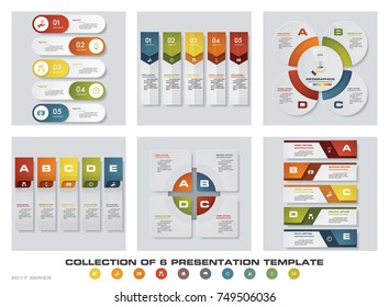 Colección de 6 plantillas de presentación coloridas. EPS10. Conjunto de diseños de infografías vectoriales e iconos de negocios.