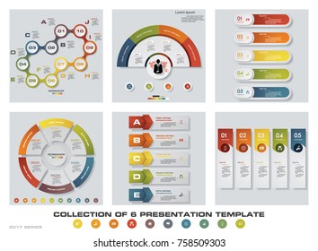 Collection of 6 design colorful presentation templates. EPS10. Set of infographics design vector and business icons.