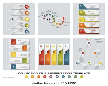 Collection of 6 design colorful presentation templates. EPS10. Set of infographics design vector and business icons.