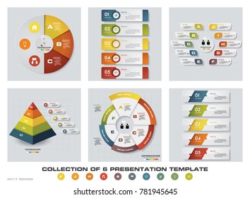 Collection of 6 design colorful presentation templates. EPS10. Set of infographics design vector and business icons.
