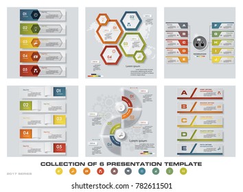 Collection of 6 design colorful presentation templates. EPS10. Set of infographics design vector and business icons.